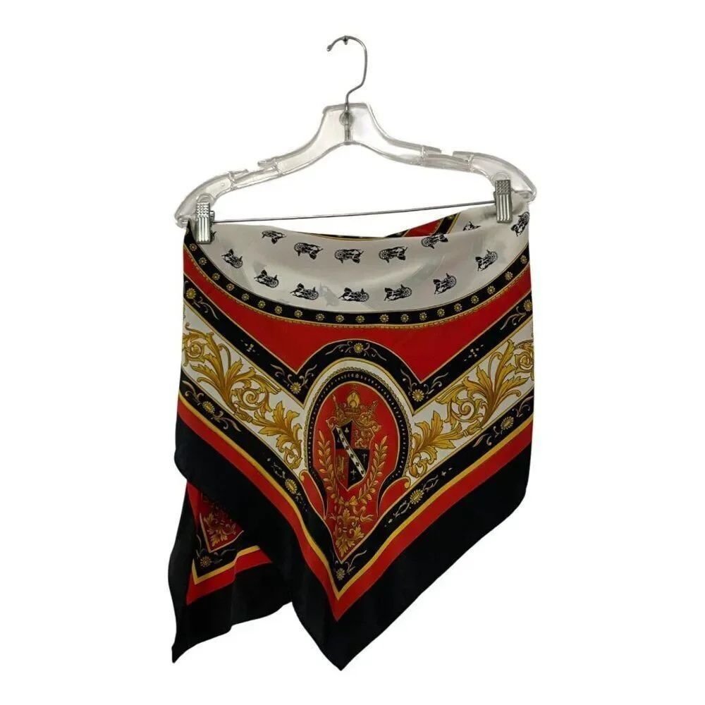 Womens Silk Scarf Horse Carriage Crest One Size Gold Red Black Baroque Vintage